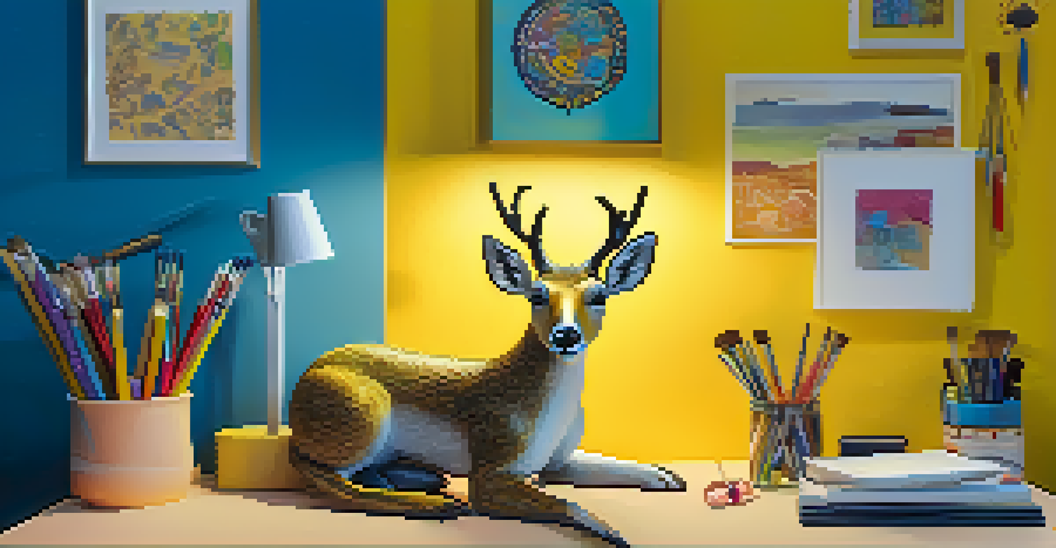 A colorful and whimsical workspace featuring a bright yellow table lamp shaped like a quirky animal, with art supplies on a vibrant desk and a blue wall in the background.