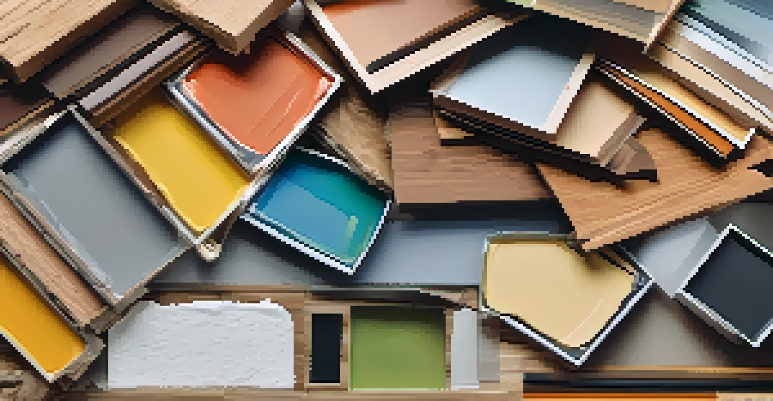 A close-up view of eco-friendly materials for home repair, featuring recycled wood, natural insulation, and low-impact paints.