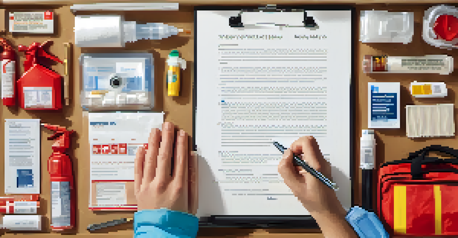 A close-up of hands holding a home insurance policy document next to safety items like a first aid kit and fire extinguisher.