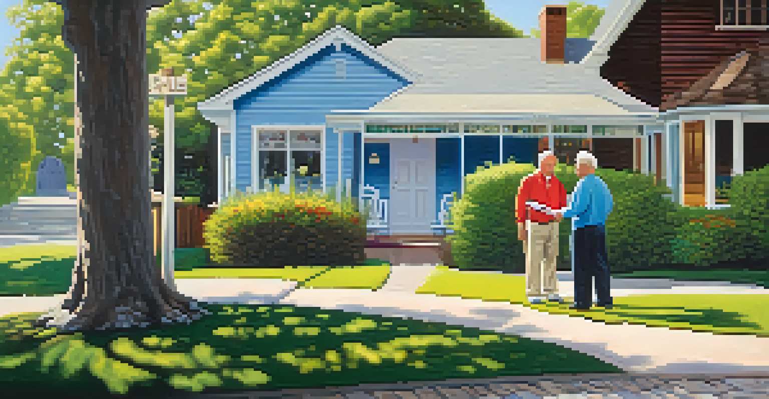 A buyer and seller shaking hands in front of a house with a 'For Sale' sign.
