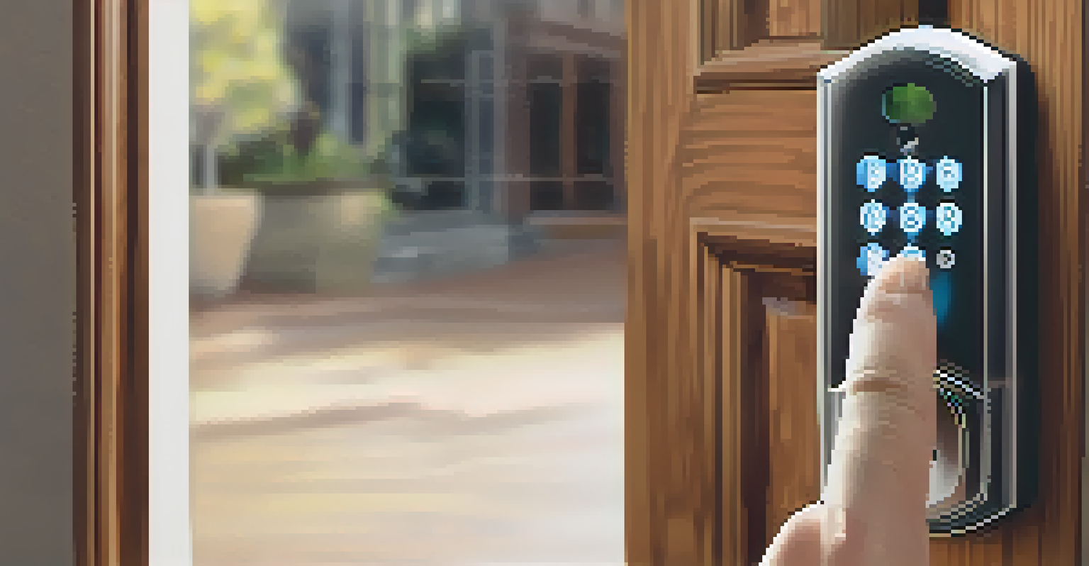 A close-up of a smart lock on a front door being controlled by a smartphone, with natural light illuminating the scene.