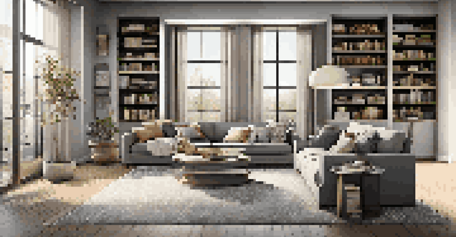 An inviting open floor plan featuring vertical storage solutions, tall bookshelves, and a cozy sofa with a textured throw.