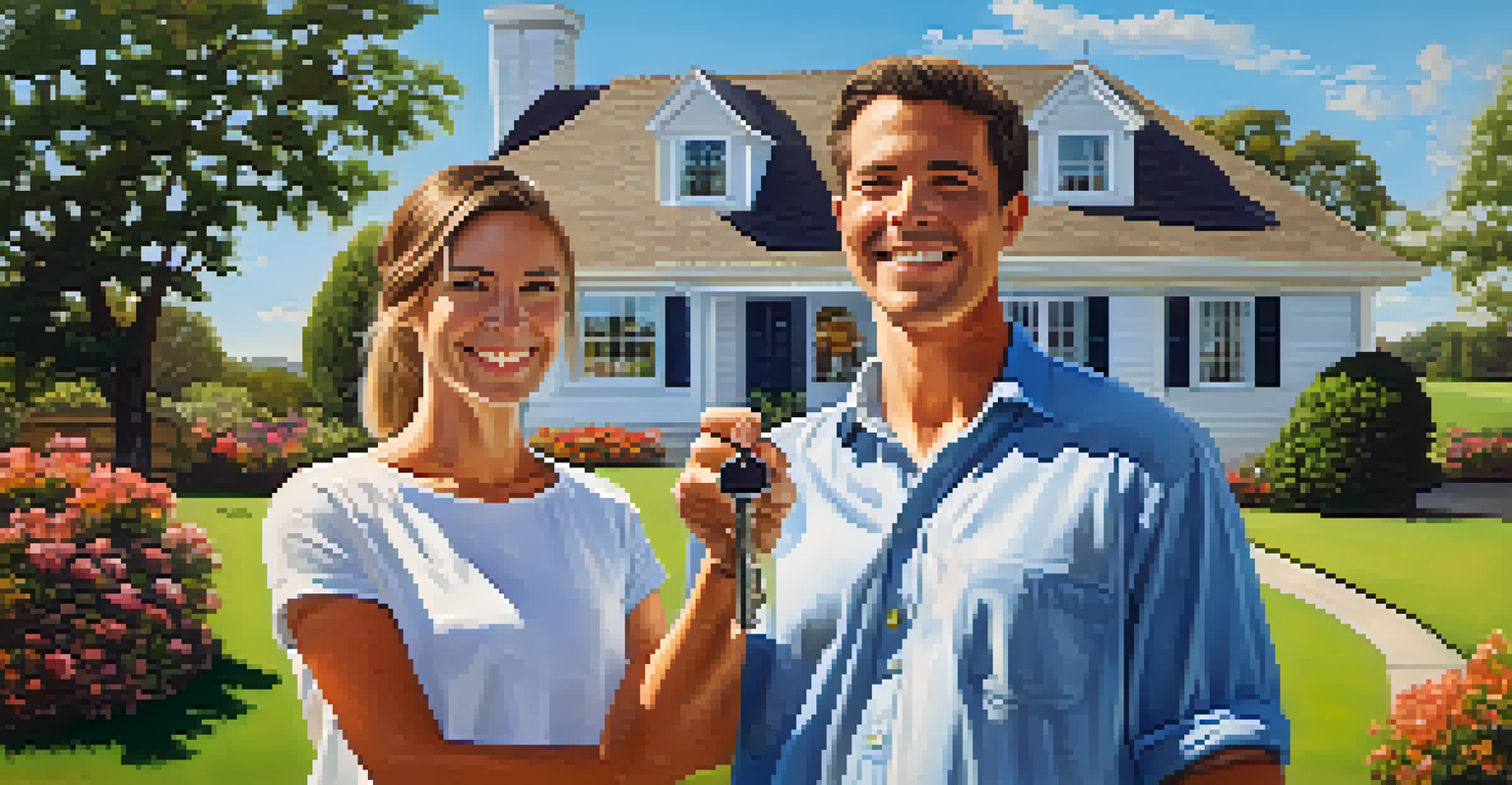 A couple happily standing in front of their new home, holding keys with smiles, surrounded by a lush garden and blue sky.