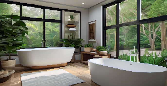 A serene bathroom with a freestanding bathtub and elegant tile work, surrounded by plants.