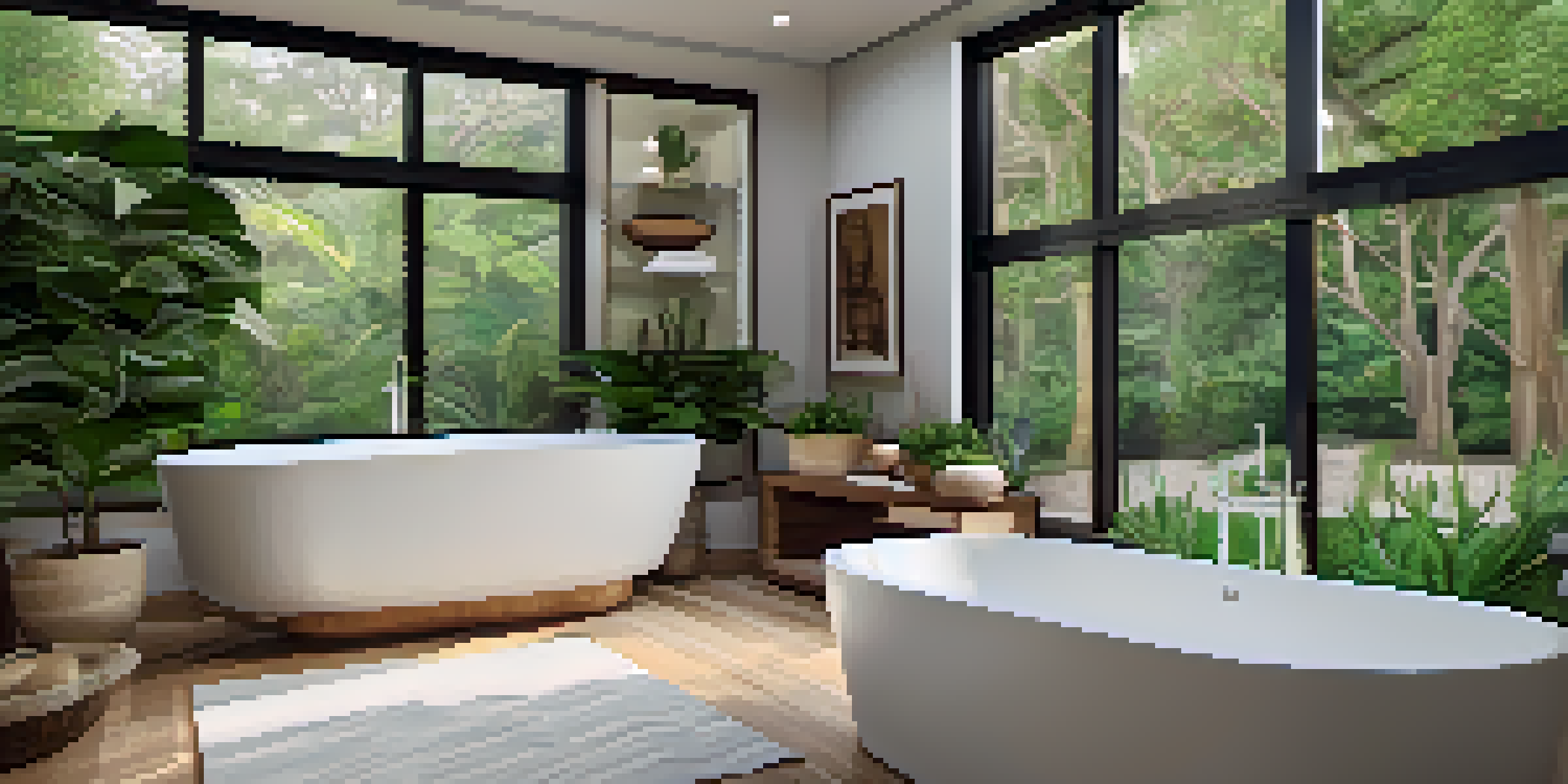 A serene bathroom with a freestanding bathtub and elegant tile work, surrounded by plants.