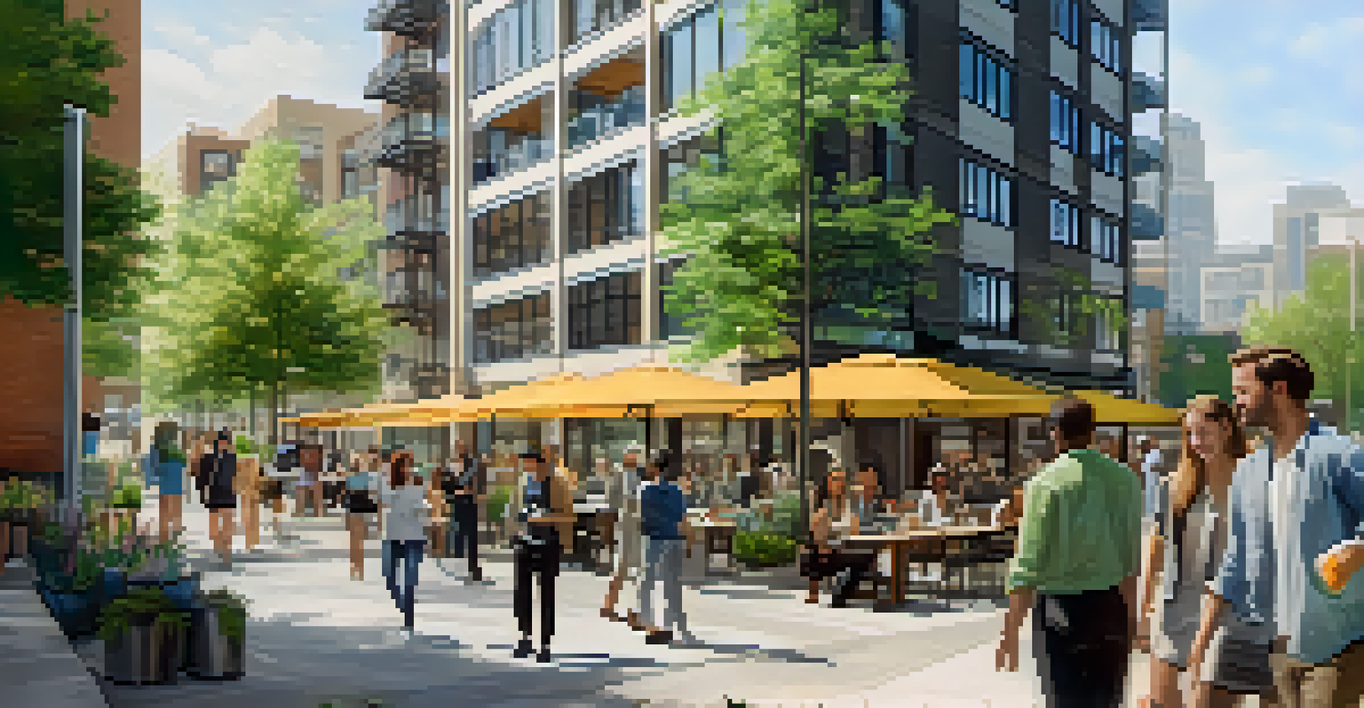 A lively urban area with mixed-use development, people enjoying outdoor cafes, and remote workers collaborating.