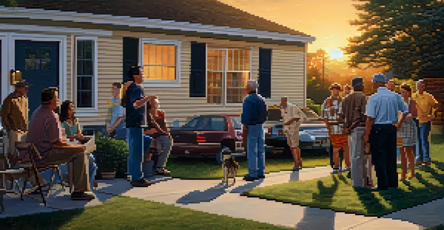Neighbors gathered for a community meeting discussing garage security, with a warm sunset in the background.