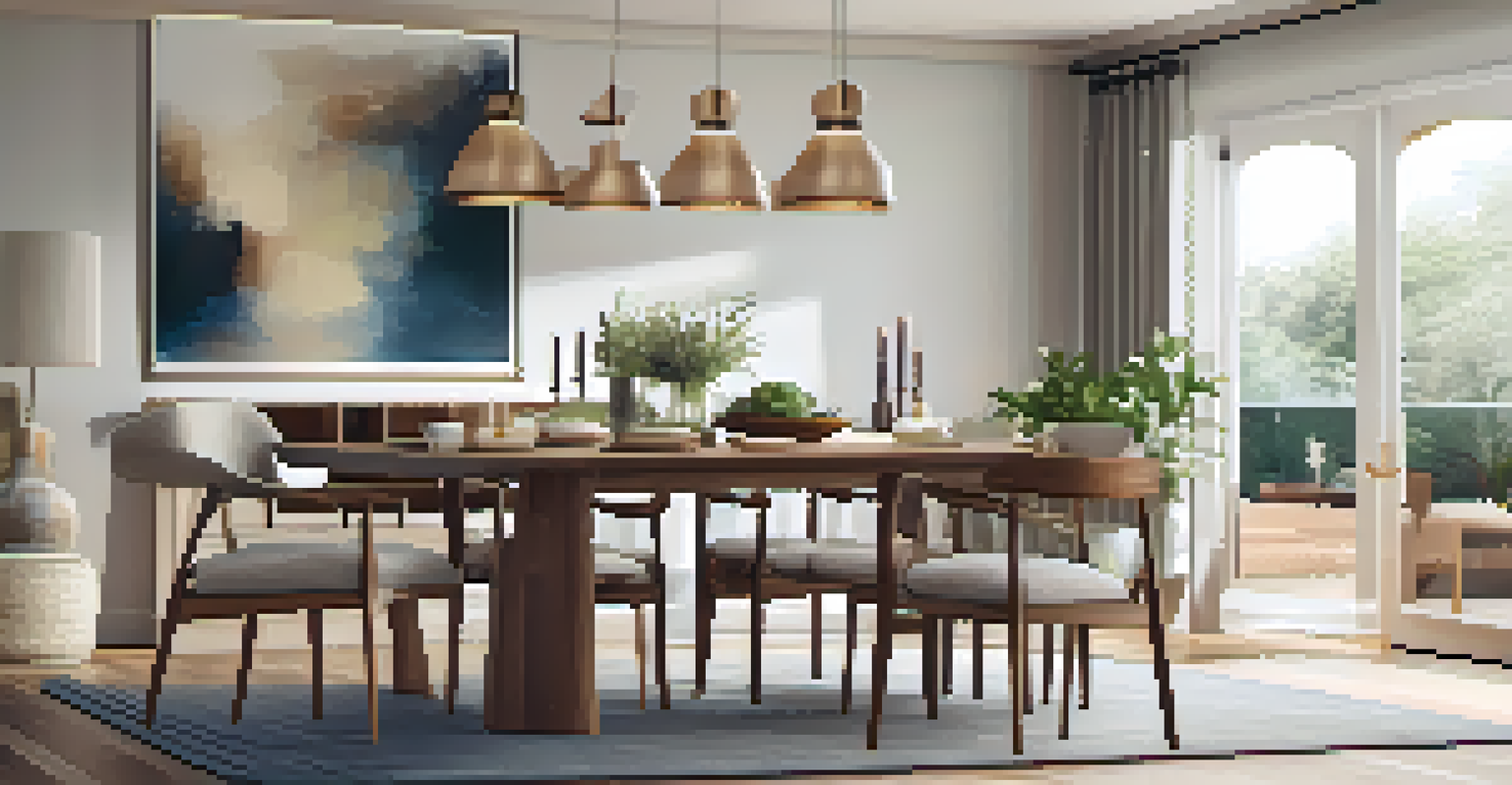 A welcoming dining area with a large wooden table and soft lighting, part of an open floor plan.