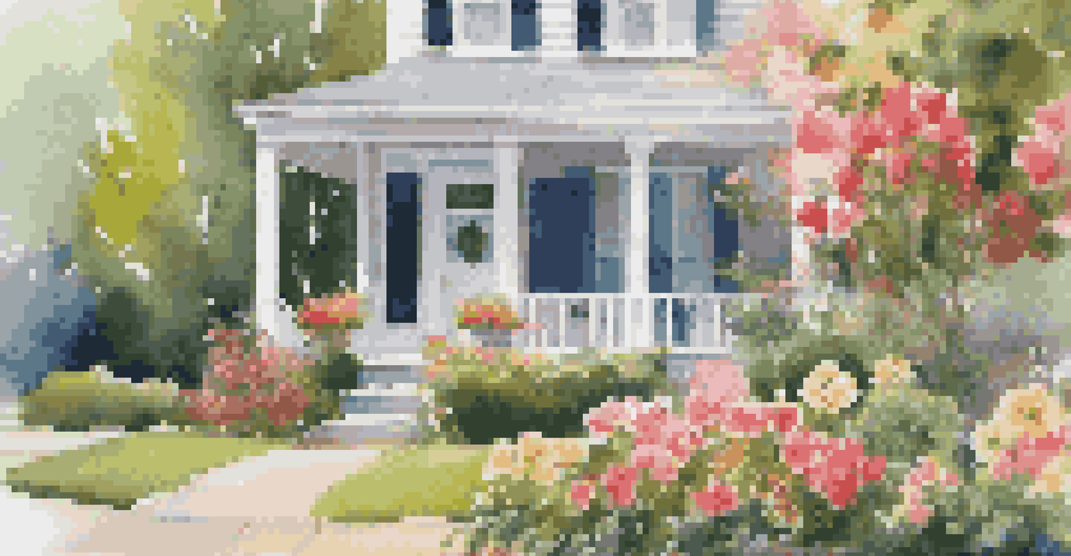 A close-up of a 'For Sale' sign in front of a charming home, surrounded by blooming flowers, with a picturesque neighborhood in the background, illuminated by soft afternoon light.