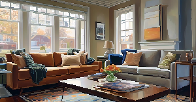 A warm and inviting living room with a modern sofa, coffee table, and a large window providing soft light. The room features art related to real estate and a chart illustrating interest rate trends.