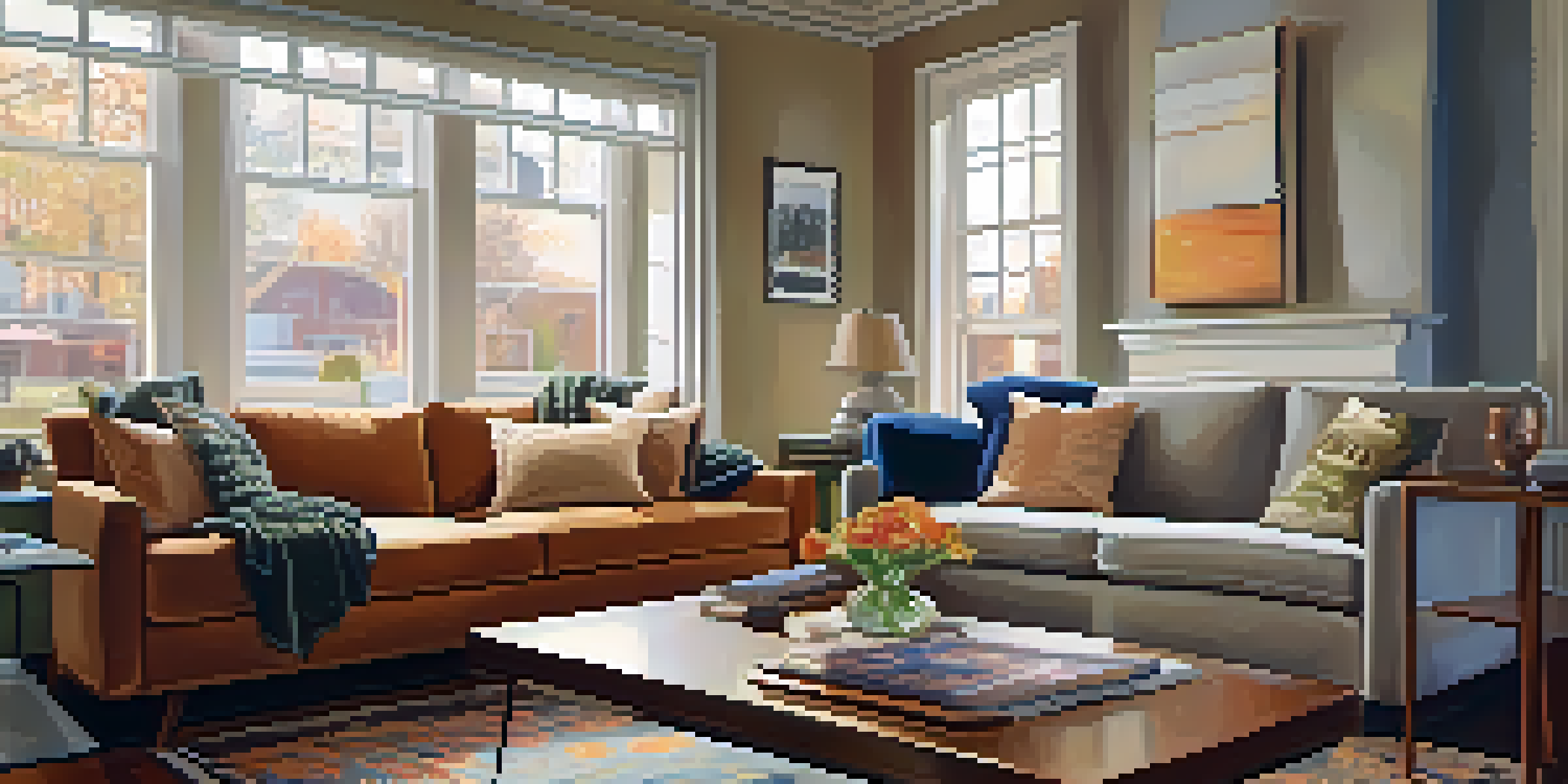 A warm and inviting living room with a modern sofa, coffee table, and a large window providing soft light. The room features art related to real estate and a chart illustrating interest rate trends.