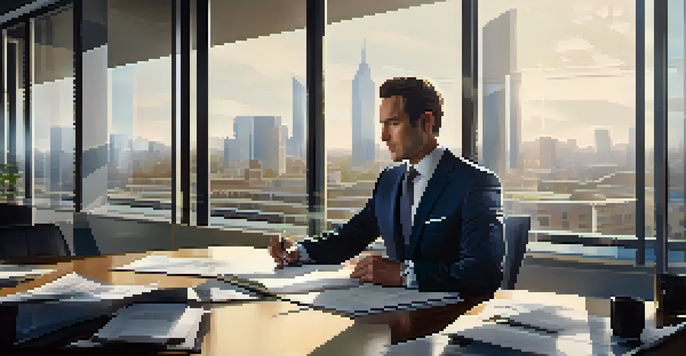 A business person in a suit negotiating at a glass table in a modern office with city views.