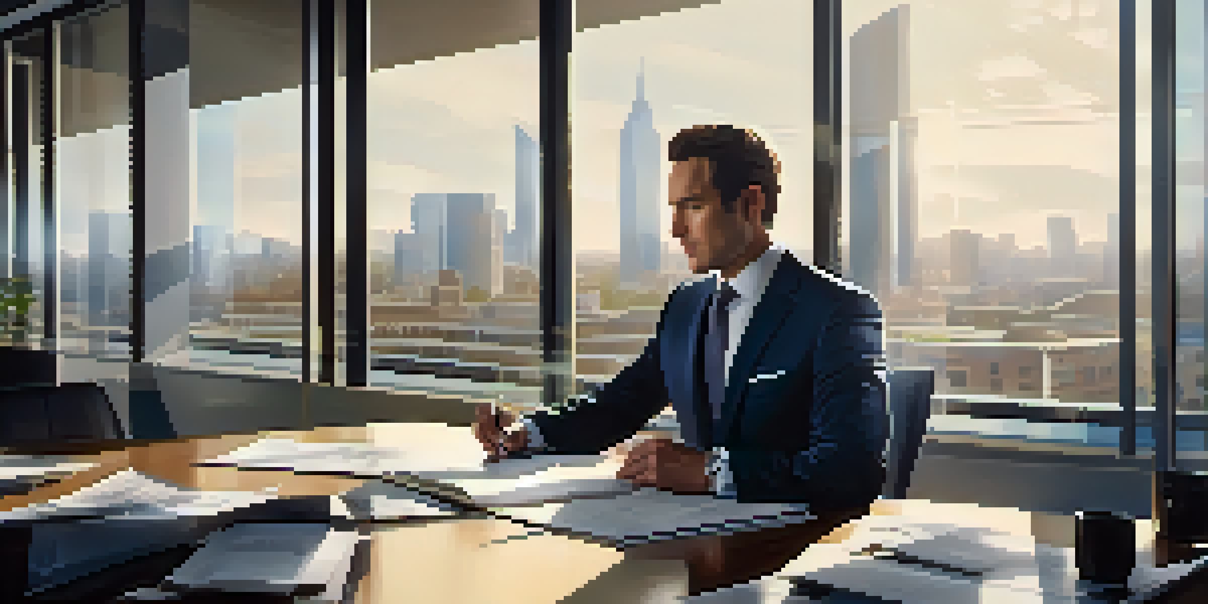 A business person in a suit negotiating at a glass table in a modern office with city views.