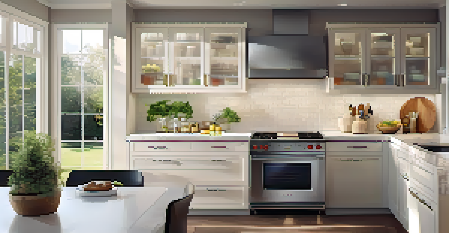 A modern kitchen showcasing smart appliances, including a digital refrigerator and preheating smart oven, with fresh ingredients and ambient lighting.