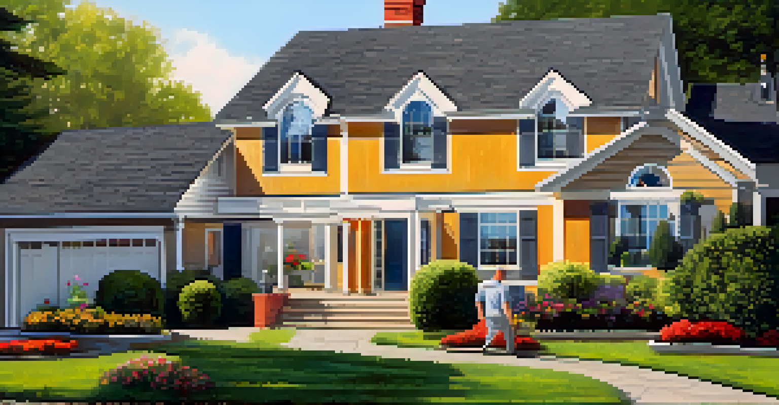 A home inspector closely examining a roof with tools in hand, set against a backdrop of a well-maintained house and garden.