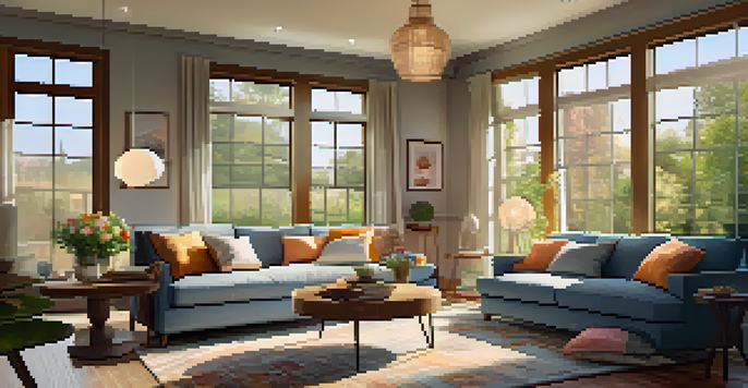 A modern living room with warm lighting and a view of a garden, featuring comfortable furniture and a coffee table with books and coffee.