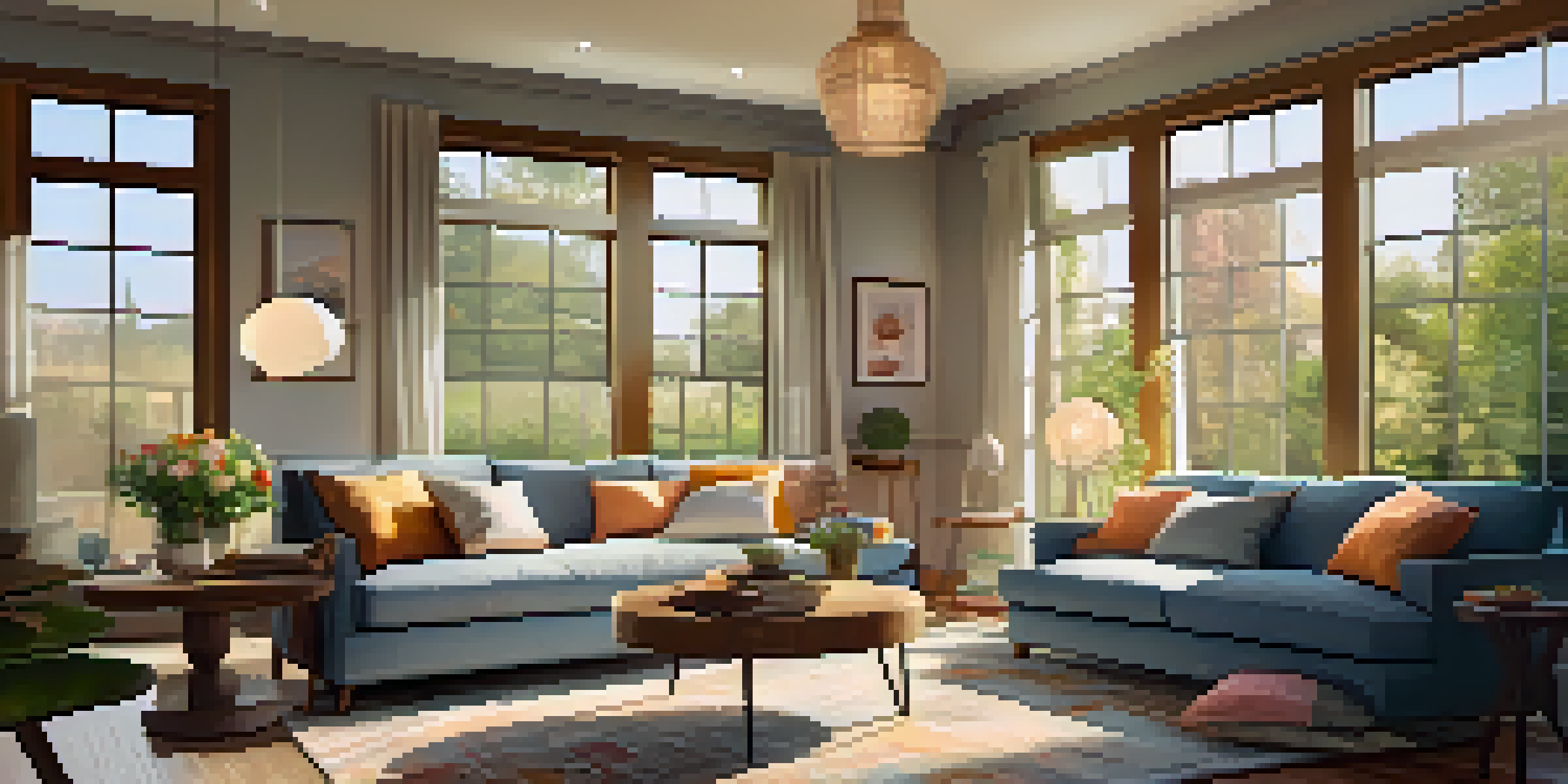 A modern living room with warm lighting and a view of a garden, featuring comfortable furniture and a coffee table with books and coffee.