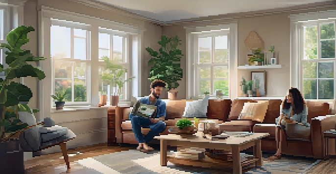 A couple in a cozy living room discussing home buying with personalized listings on a tablet.