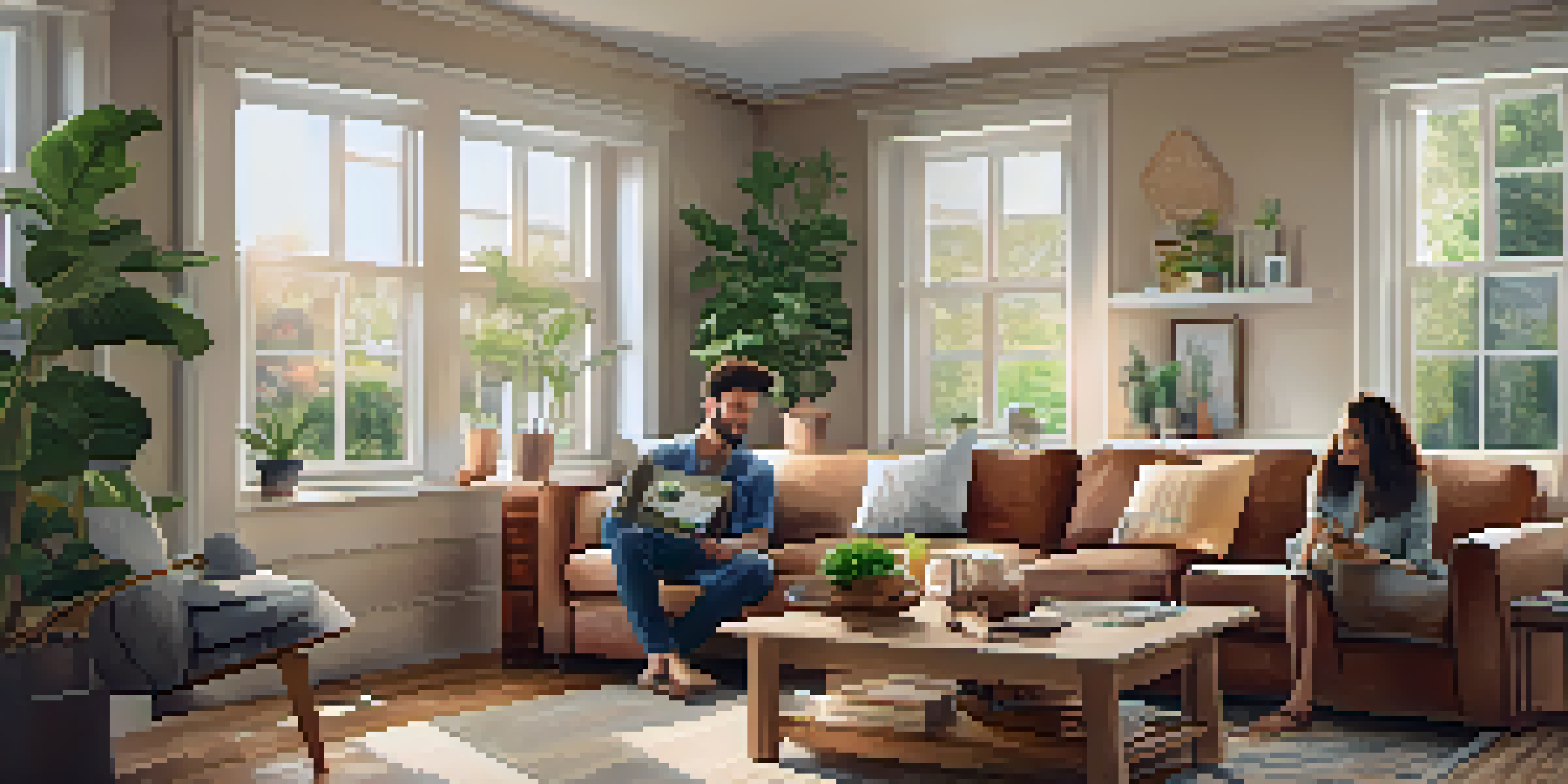 A couple in a cozy living room discussing home buying with personalized listings on a tablet.
