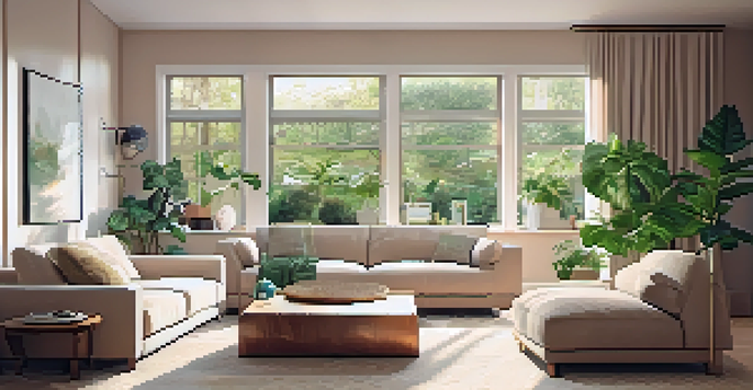 A cozy living room with a smart thermostat on the wall, brightened by natural light and adorned with modern furniture and plants.