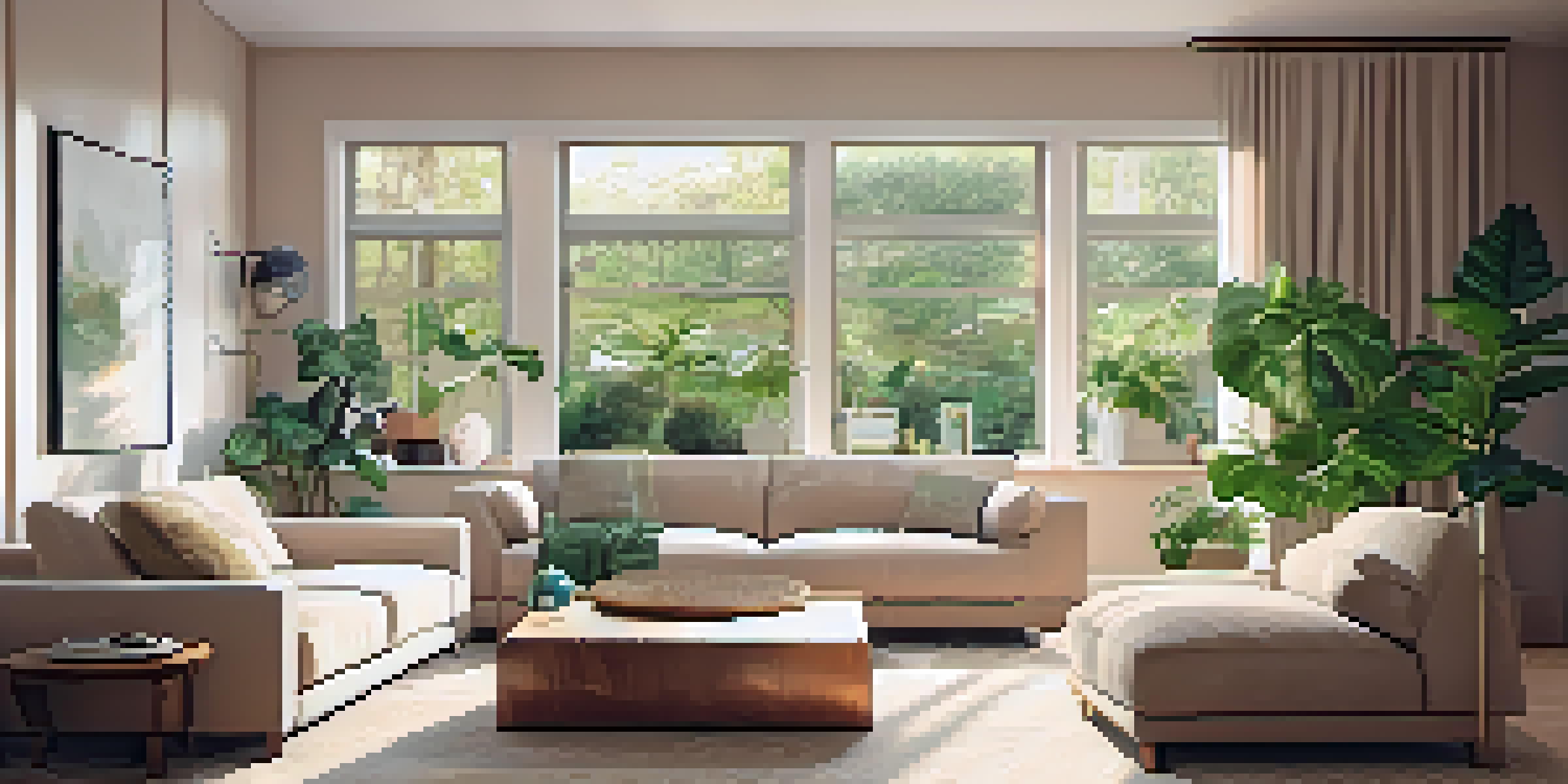 A cozy living room with a smart thermostat on the wall, brightened by natural light and adorned with modern furniture and plants.