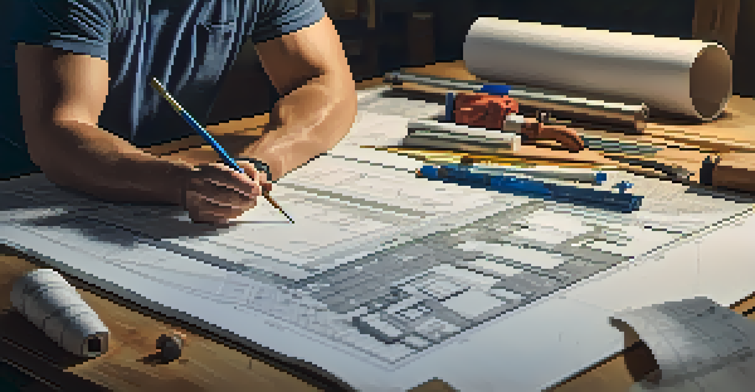 A close-up of a homeowner looking at a house blueprint on a table with construction tools around.