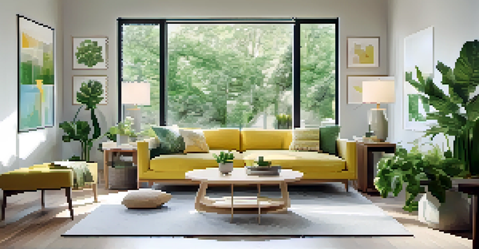 A bright and airy living room with large windows, a comfortable sofa, and vibrant houseplants.