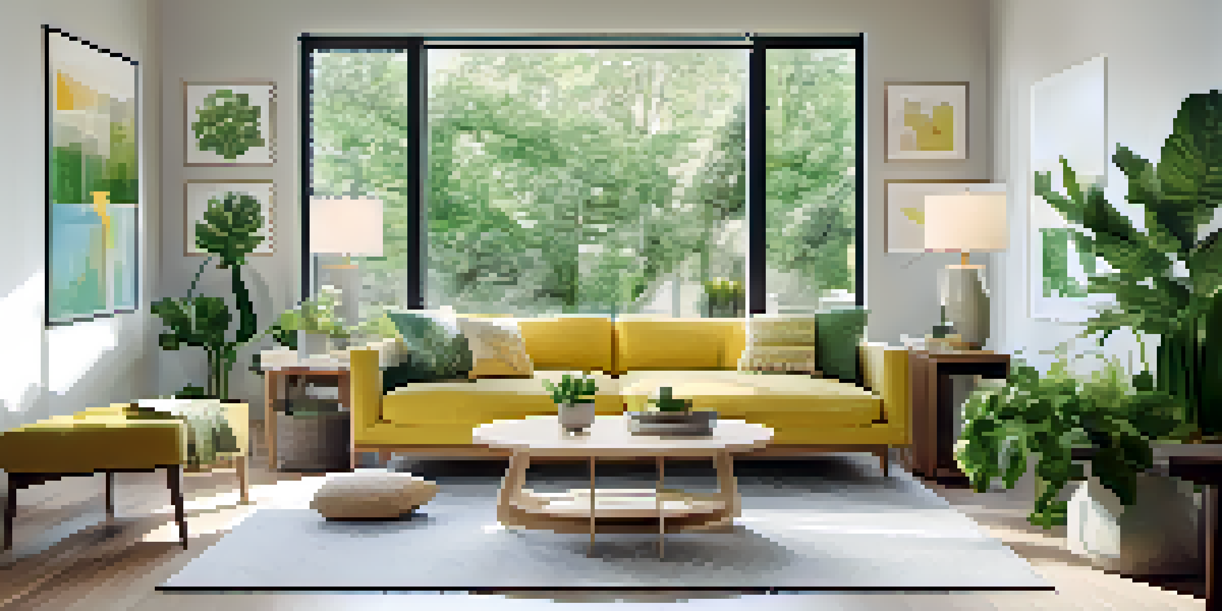 A bright and airy living room with large windows, a comfortable sofa, and vibrant houseplants.