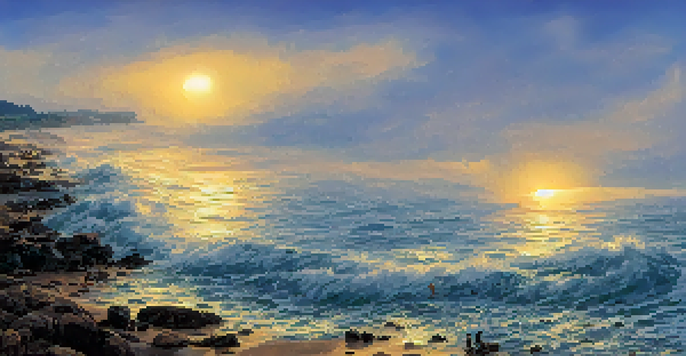 A coastal landscape at sunset with a city skyline partially submerged in water, showing the impacts of climate change, alongside storm-resistant homes.