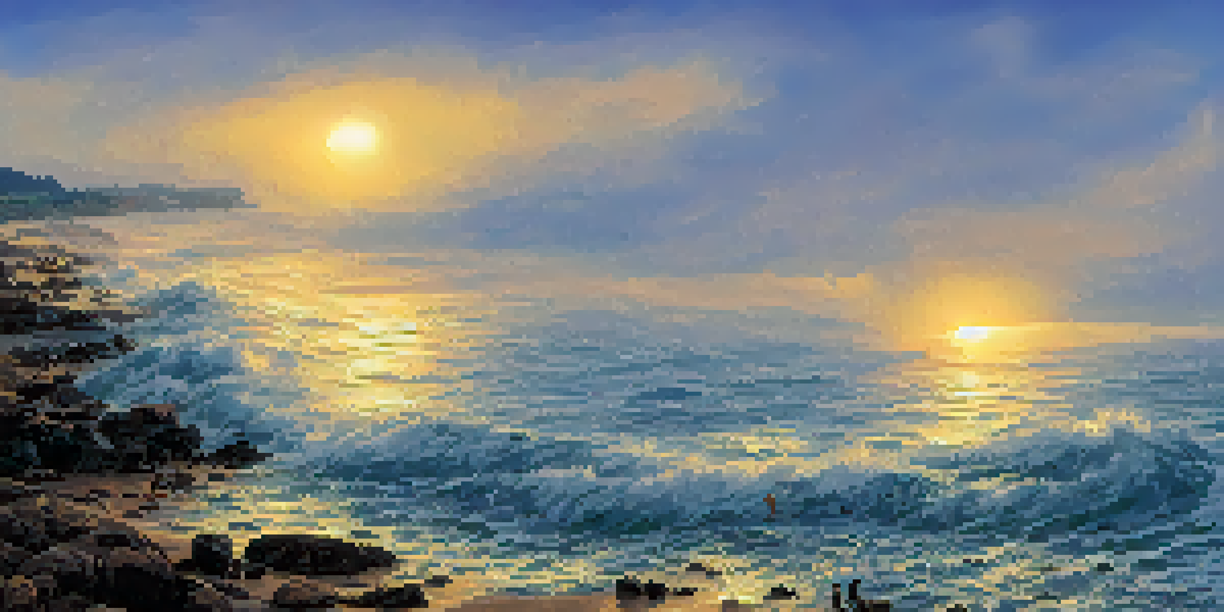 A coastal landscape at sunset with a city skyline partially submerged in water, showing the impacts of climate change, alongside storm-resistant homes.