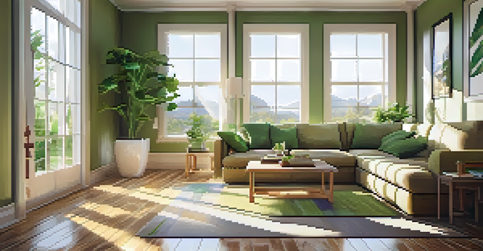 A cozy living room with bamboo flooring, natural light, plants, and sustainable furniture.