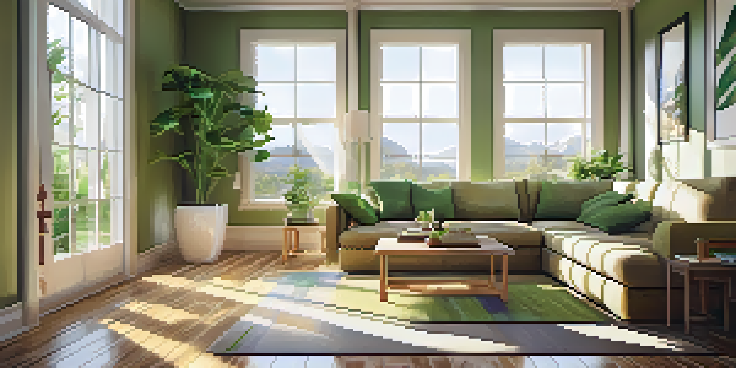 A cozy living room with bamboo flooring, natural light, plants, and sustainable furniture.