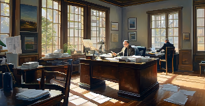 A middle-aged man with glasses working in an office, analyzing property documents on a wooden desk with a laptop and coffee mug.