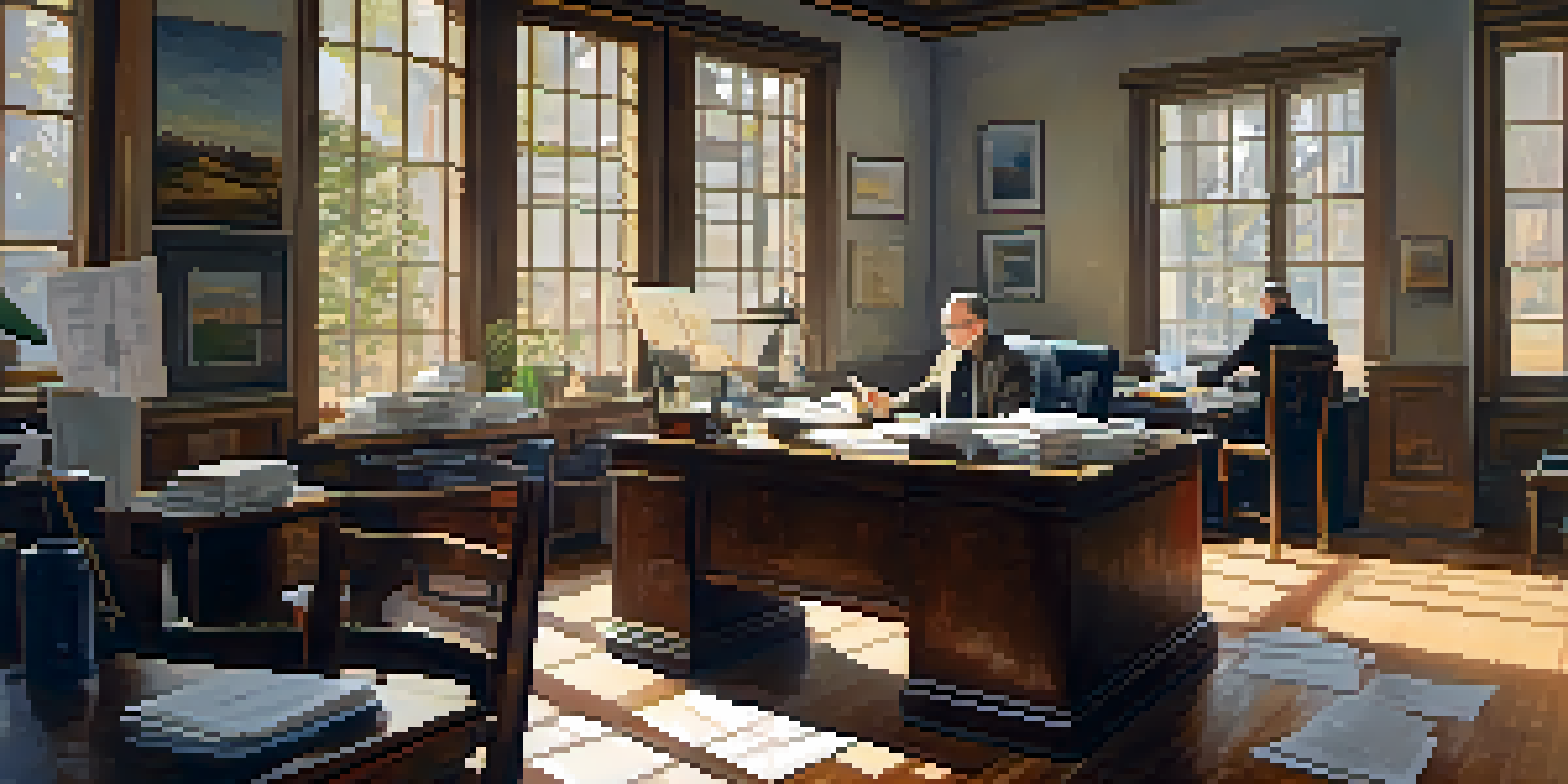A middle-aged man with glasses working in an office, analyzing property documents on a wooden desk with a laptop and coffee mug.