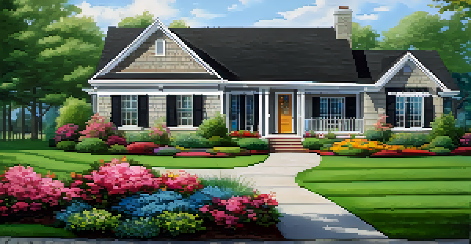 A charming home with colorful landscaping, a vibrant front door, and a cozy patio area.
