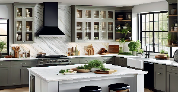 A bright and airy modern kitchen featuring white cabinets, a large island with bar stools, and fresh herbs on the countertop, illuminated by natural light from a window.