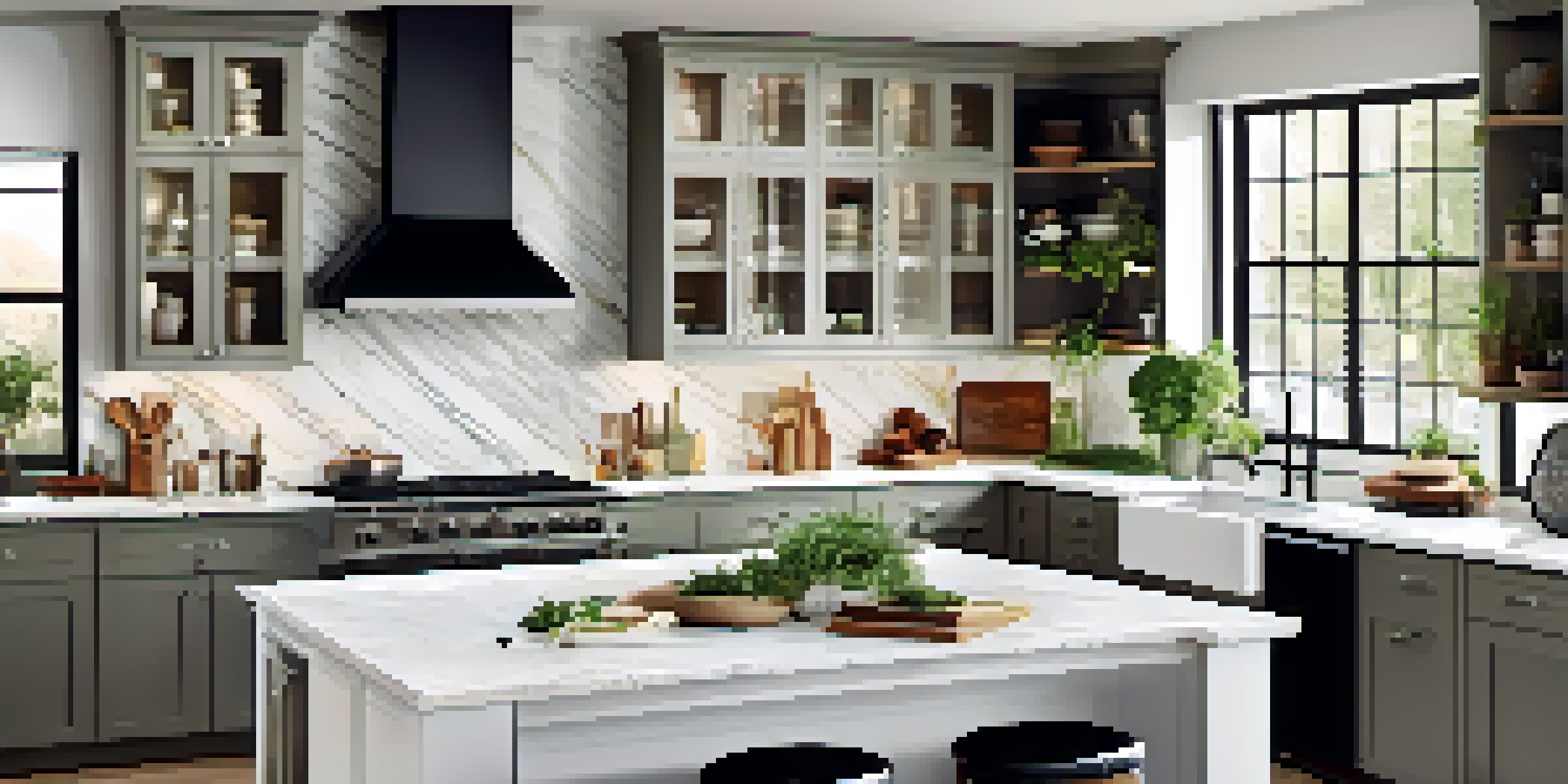 A bright and airy modern kitchen featuring white cabinets, a large island with bar stools, and fresh herbs on the countertop, illuminated by natural light from a window.