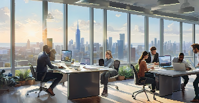 A diverse group of people working together in a bright office space, discussing real estate crowdfunding with laptops and papers on a table.