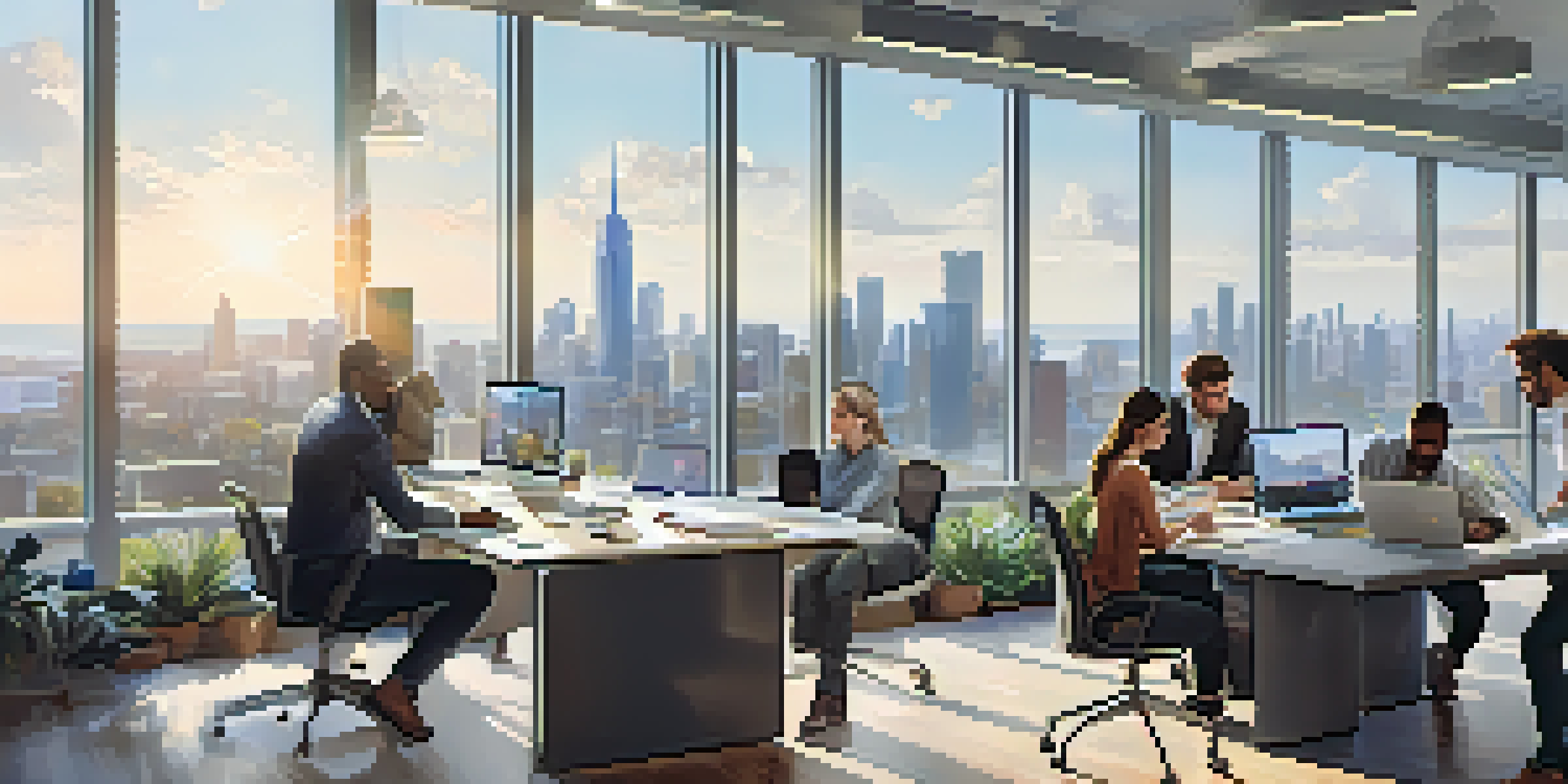 A diverse group of people working together in a bright office space, discussing real estate crowdfunding with laptops and papers on a table.