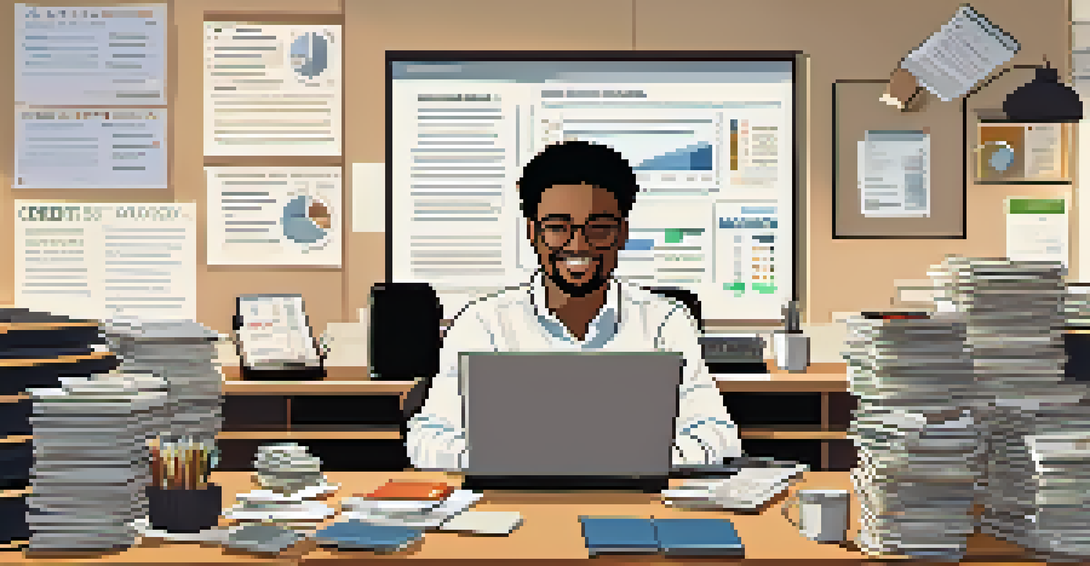 A person managing their finances at a desk with stacks of bills, a laptop, and a motivational poster about credit scores in a well-lit room.