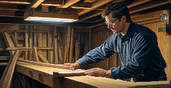 A home inspector closely examines a wooden beam in a basement with a flashlight, surrounded by inspection tools.