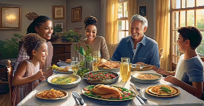 A warm family gathering at a dinner table filled with homemade dishes, showcasing joyful interactions among family members in a cozy setting.