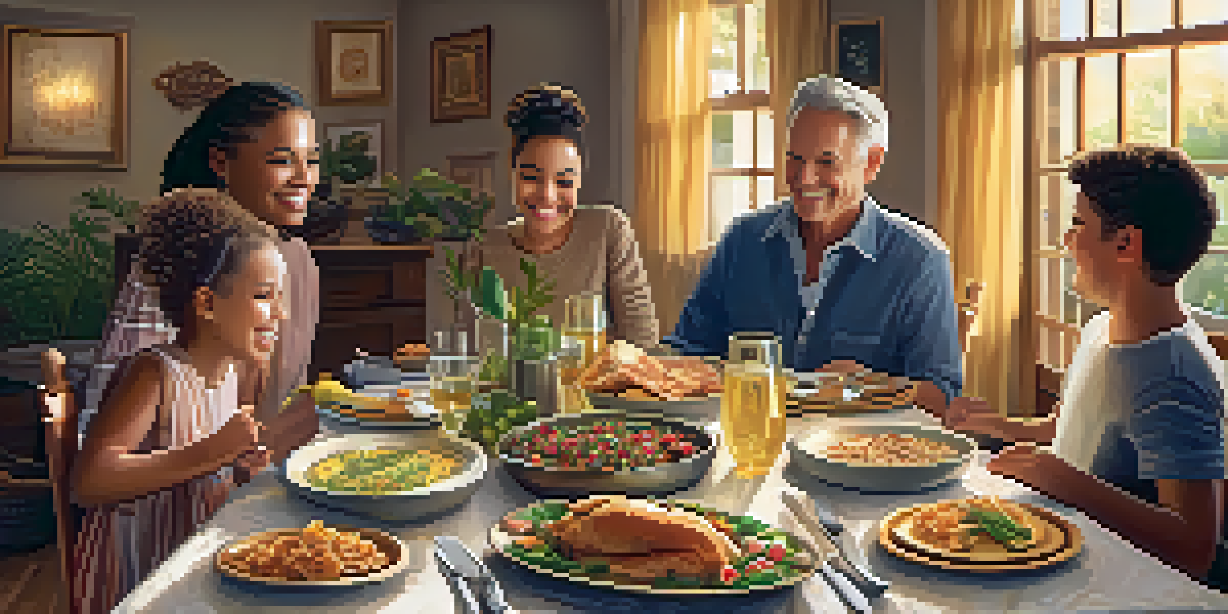 A warm family gathering at a dinner table filled with homemade dishes, showcasing joyful interactions among family members in a cozy setting.