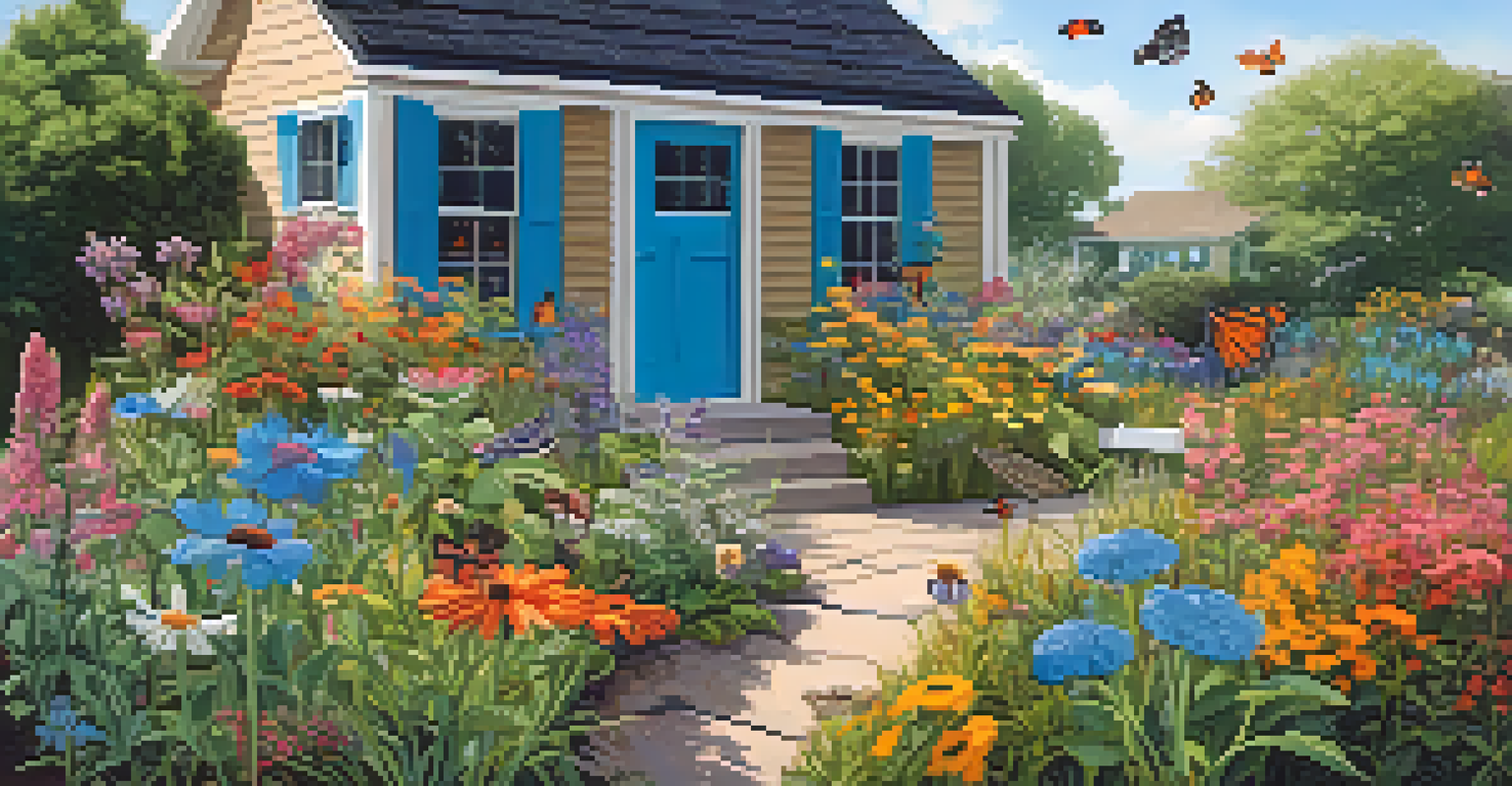 A colorful garden filled with native plants, butterflies, and a rain barrel, under a clear blue sky.