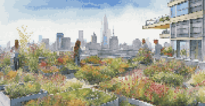 A lush green roof garden with colorful flowers and grasses on a modern building, under a sunny sky with people enjoying the space.