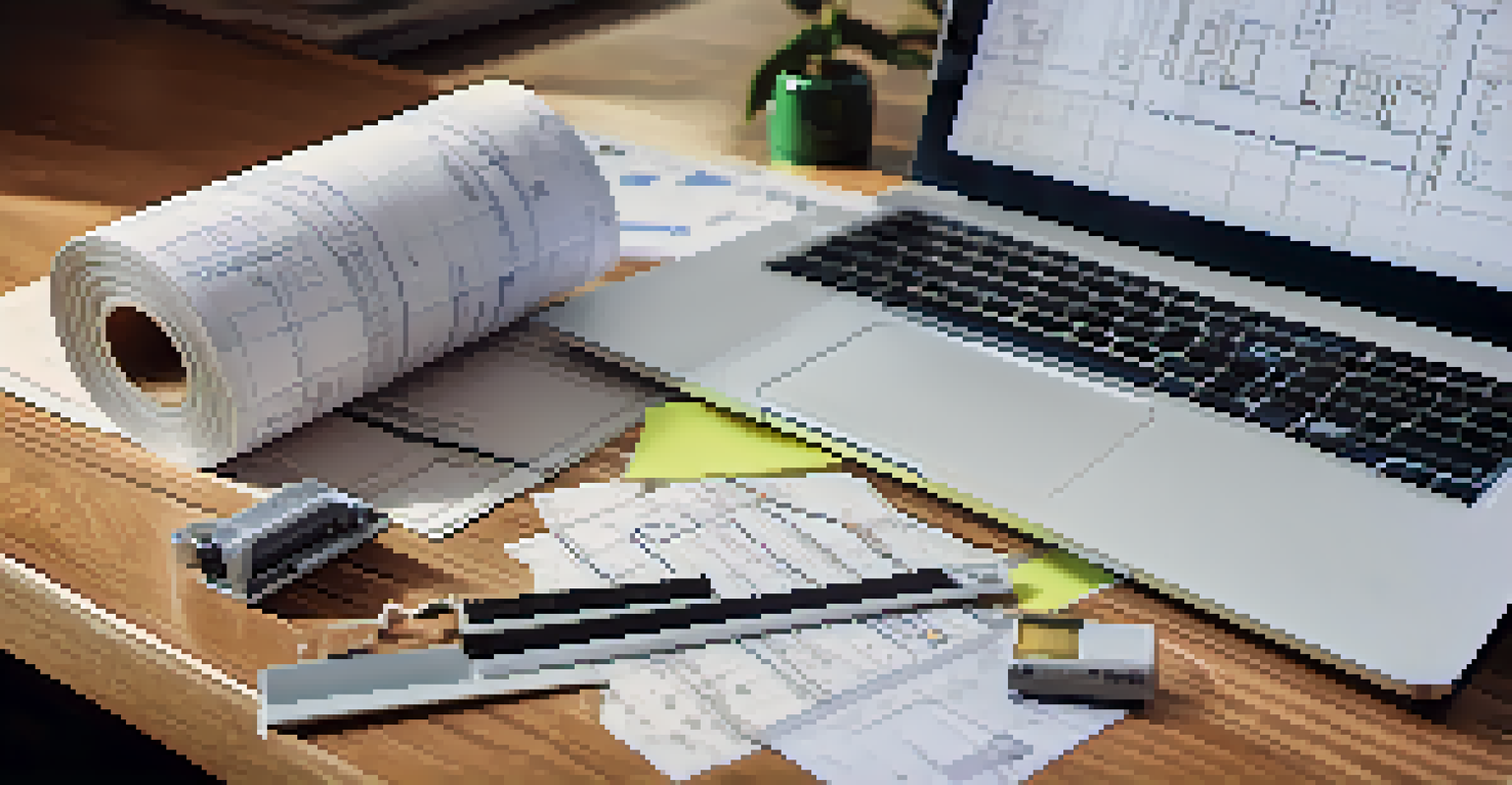 Close-up of renovation plans on a wooden table, featuring blueprints, a tape measure, and a laptop.