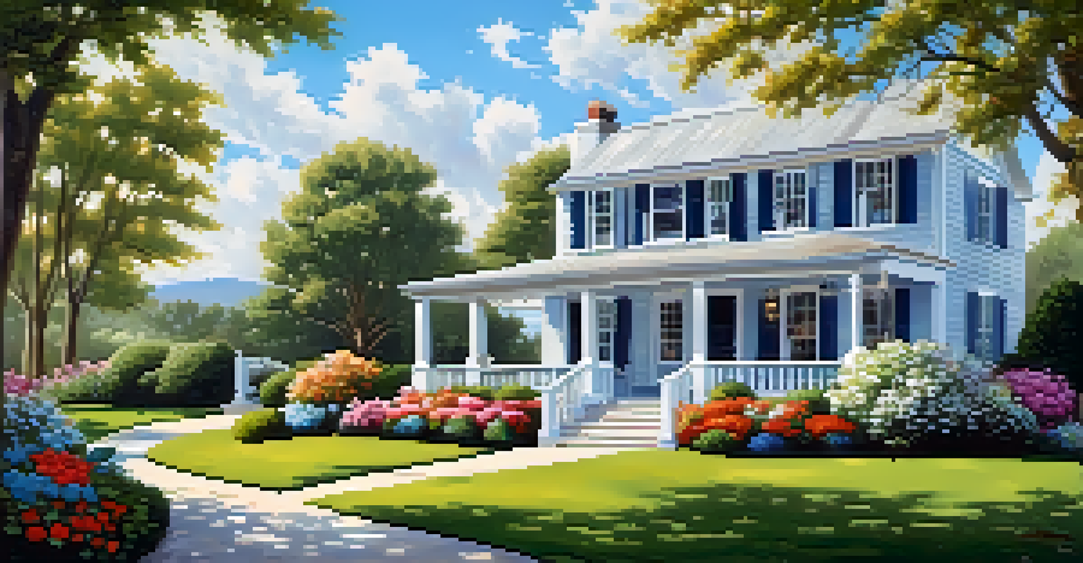 A picturesque house with a beautiful garden and a welcoming front porch under a clear blue sky.