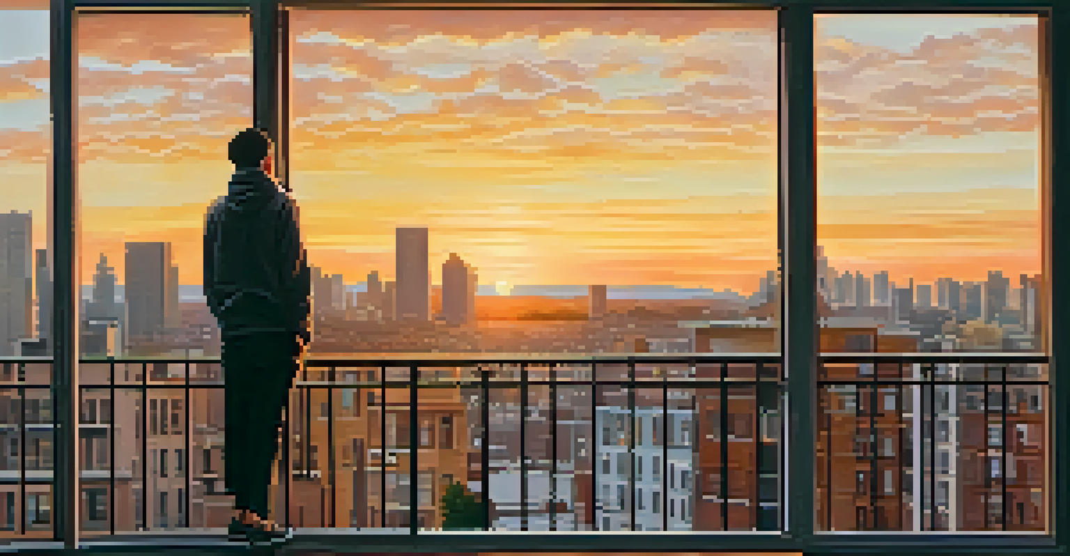A person on a balcony at sunset, overlooking a city skyline, symbolizing personal growth.