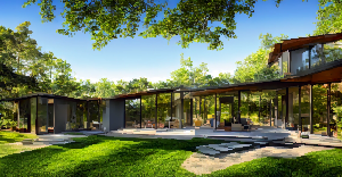 A modern eco-friendly home with solar panels, large windows, and a garden surrounded by greenery, illuminated by warm sunlight.