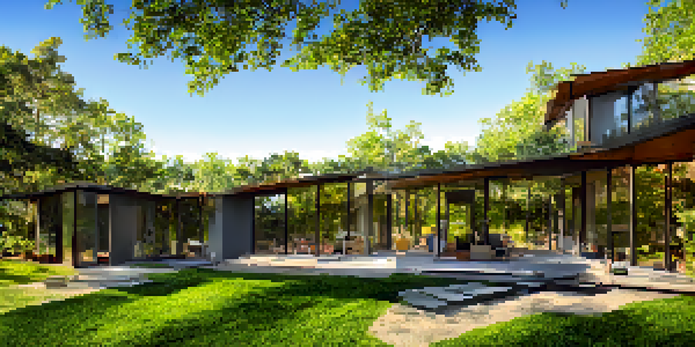 A modern eco-friendly home with solar panels, large windows, and a garden surrounded by greenery, illuminated by warm sunlight.